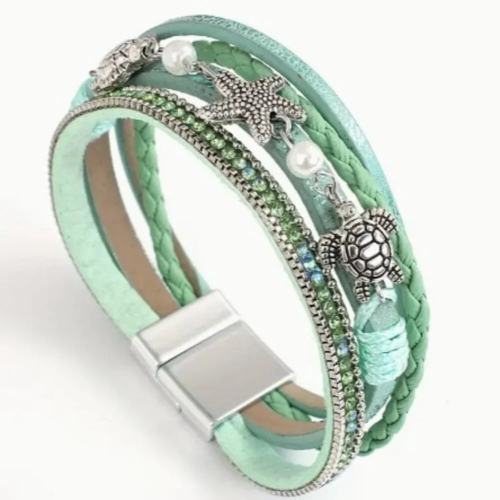 Stylish Starfish Turtle Bracelet Ocean Theme Handcrafted 4-layer Faux Leather